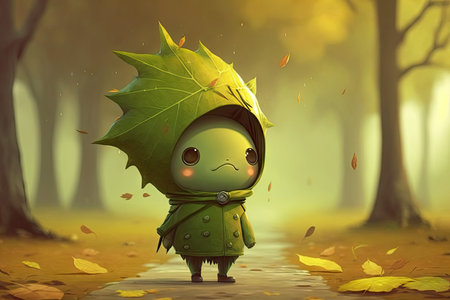cute cartoon character, with leaf on head, walking through park, created with generative aiの素材