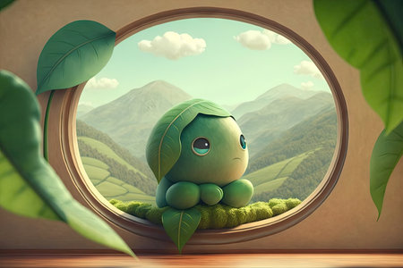 cute cartoon character sitting on leaf, looking out onto beautiful landscape, created with generative aiの素材