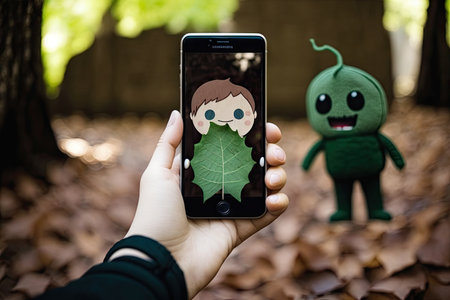 person, taking selfie with cute cartoon character leaf in the background, created with generative aiの素材