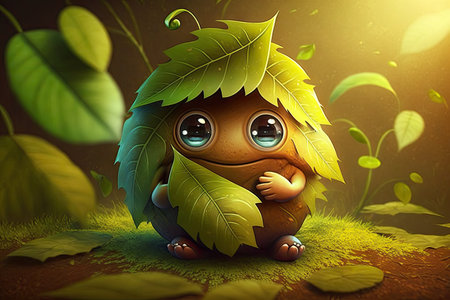 cute cartoon character sitting on leaf, looking at the viewer with smile, created with generative aiの素材