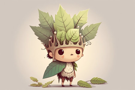 cute cartoon character with leaf headdress, wearing natural element as a crown, created with generative aiの素材