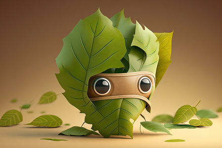cute cartoon character with leaf face mask, hiding its identity, created with generative aiの素材