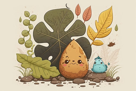 cute cartoon character leaf with other nature elements, such as water and rocks, created with generative aiの素材