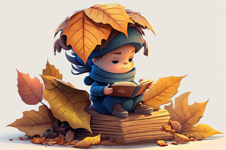 cute cartoon character, sitting on pile of leaves, reading book, created with generative aiの素材