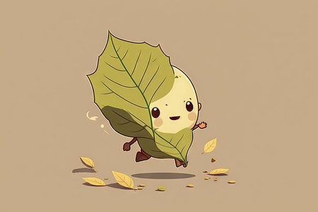 cute cartoon character jumping from one leaf to another, in slow motion, created with generative aiの素材