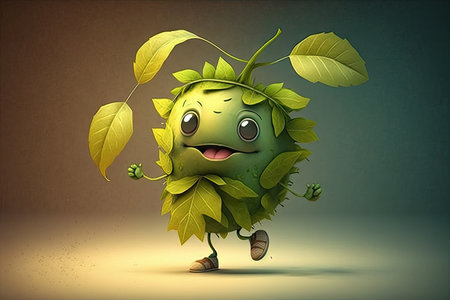 cute cartoon character, with leaf on head, dancing and twirling, created with generative aiの素材