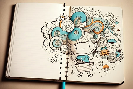 cute cartoon character doodling on notebook, with crazy swirls and patterns, created with generative aiの素材