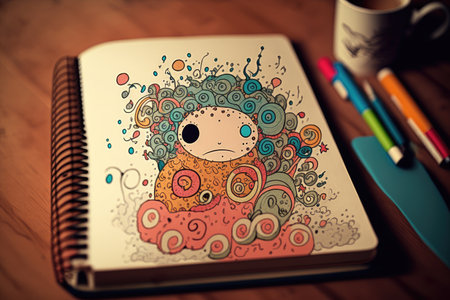 cute cartoon character doodling on notebook, with crazy swirls and patterns, created with generative aiの素材