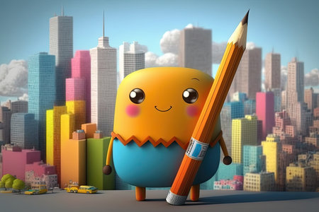 cute cartoon character holding pencil, with view of colorful and animated cityscape in the background, created with generative aiの素材
