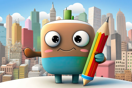 cute cartoon character holding pencil, with view of colorful and animated cityscape in the background, created with generative aiの素材