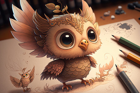 cute cartoon character drawing intricate and detailed magical creature, created with generative aiの素材