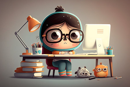 cute cartoon character sitting at desk, working on important project, created with generative aiの素材