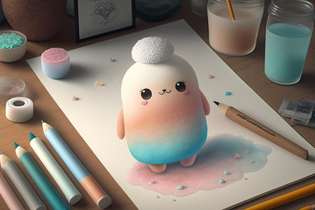 cute cartoon character drawing with pastel colors on paper, created with generative aiの素材
