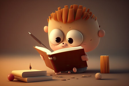cute cartoon character reading book, with pencil behind its ear, created with generative aiの素材