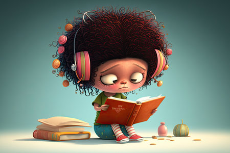 cute cartoon character reading book, with pencil behind its ear, created with generative aiの素材