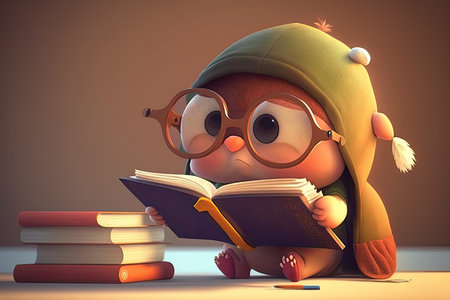 cute cartoon character reading book, with pencil behind its ear, created with generative aiの素材