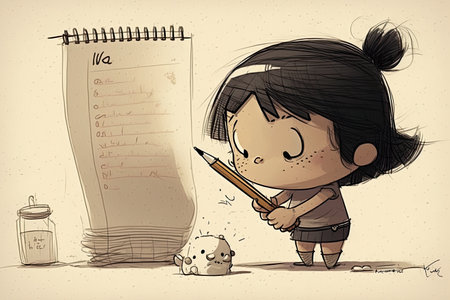 cute cartoon character writing out a list of things to do, with marking pencil in hand, created with generative aiの素材