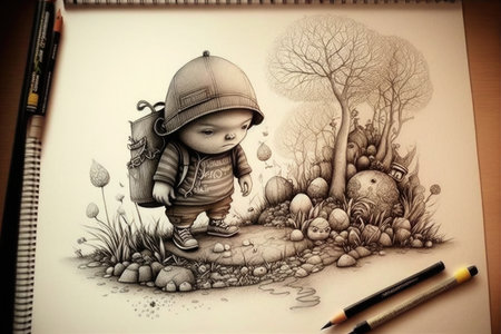 cute cartoon character, drawing intricate and detailed sketch of landscape, created with generative aiの素材