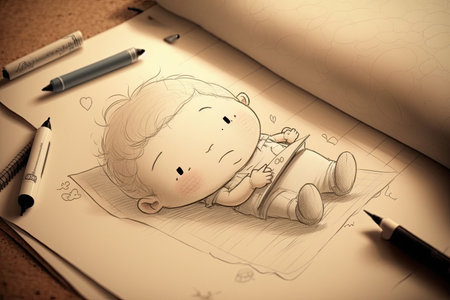cute cartoon character lying on stomach, drawing in sketchbook, created with generative aiの素材