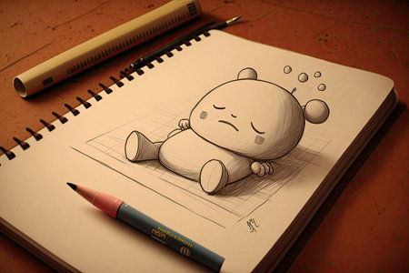 cute cartoon character lying on stomach, drawing in sketchbook, created with generative aiの素材