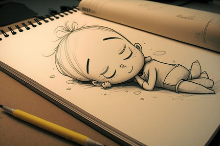 cute cartoon character lying on stomach, drawing in sketchbook, created with generative aiの素材