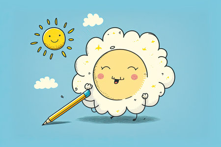 cute cartoon character with pencil, drawing illustration of sun and clouds, created with generative aiの素材