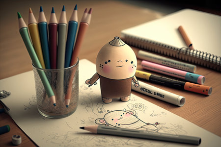cute cartoon character playing with pencils and drawing utensils on a desk, created with generative aiの素材