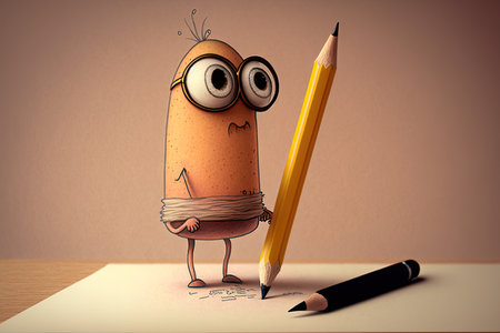 cute cartoon character balancing pencil on its nose while drawing, created with generative aiの素材