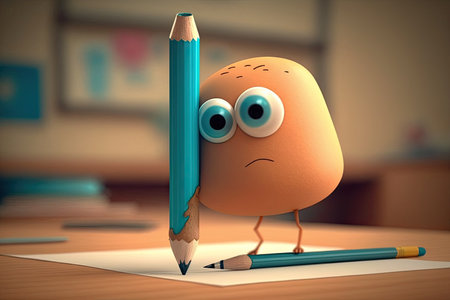cute cartoon character balancing pencil on its nose while drawing, created with generative aiの素材