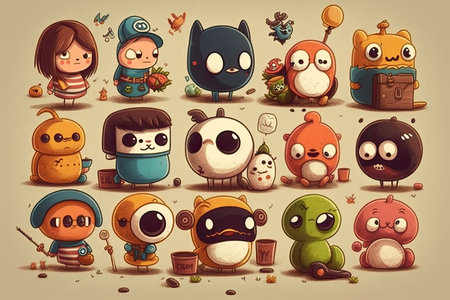 collection of cute cartoon characters drawing different illustrations, created with generative aiの素材