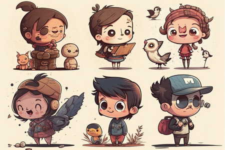 collection of cute cartoon characters drawing different illustrations, created with generative aiの素材