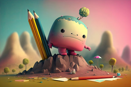cute cartoon character holding pencil and drawing colorful landscape, created with generative aiの素材