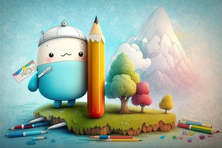 cute cartoon character holding pencil and drawing colorful landscape, created with generative aiの素材