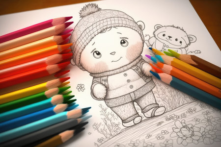 cute cartoon character, filling in coloring book with various shades of pencil, created with generative aiの素材