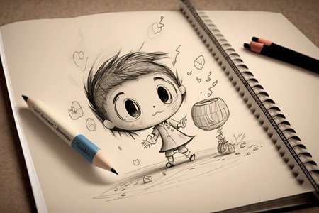 cute cartoon character drawing, with pencil moving across the page, created with generative aiの素材