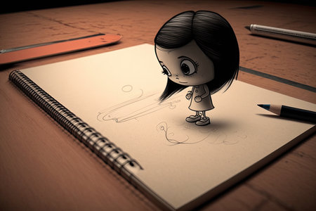 cute cartoon character drawing, with pencil moving across the page, created with generative aiの素材