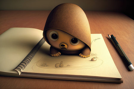 cute cartoon character drawing, with pencil moving across the page, created with generative aiの素材