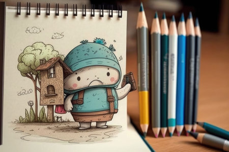 cute cartoon character, holding pencil and drawing doodle of its favorite place, created with generative aiの素材