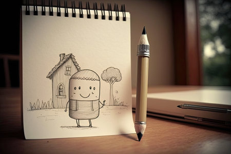 cute cartoon character, holding pencil and drawing doodle of its favorite place, created with generative aiの素材