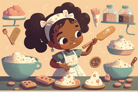 cute cartoon character in a baking class, learning how to prepare cookies and other sweet treats, created with generative aiの素材
