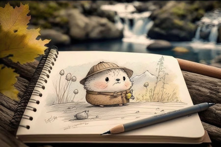 cute cartoon character with pencil, sketching scenery in nature, created with generative aiの素材