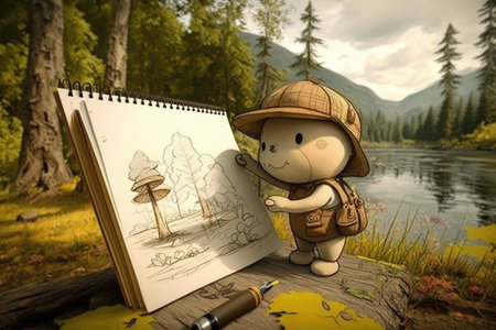 cute cartoon character with pencil, sketching scenery in nature, created with generative aiの素材