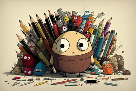 cute cartoon character, surrounded by variety of pens and pencils for drawing, created with generative aiの素材