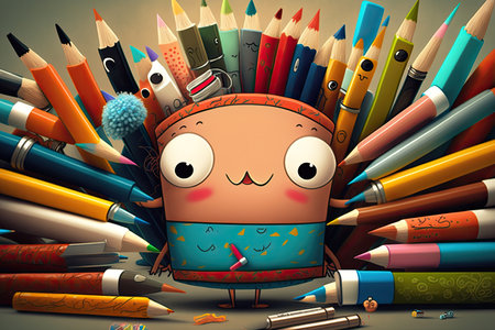cute cartoon character, surrounded by variety of pens and pencils for drawing, created with generative aiの素材