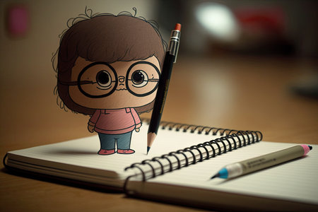 cute cartoon character, sketching on a notepad, with pencil in hand, created with generative aiの素材
