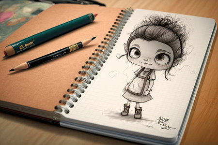 cute cartoon character, sketching on a notepad, with pencil in hand, created with generative aiの素材