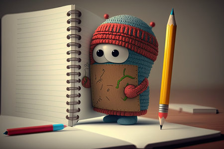 cute cartoon character with pencil and notebook, creating story or drawing, created with generative aiの素材