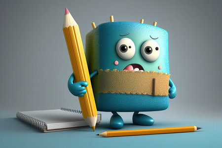 cute cartoon character with pencil and notebook, creating story or drawing, created with generative aiの素材