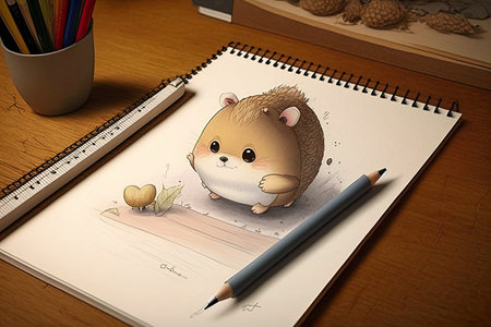 cute cartoon character with pencil and paper, drawing of favorite animal or place, created with generative aiの素材