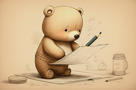 cute cartoon character with pencil and paper, drawing of favorite animal or place, created with generative aiの素材
